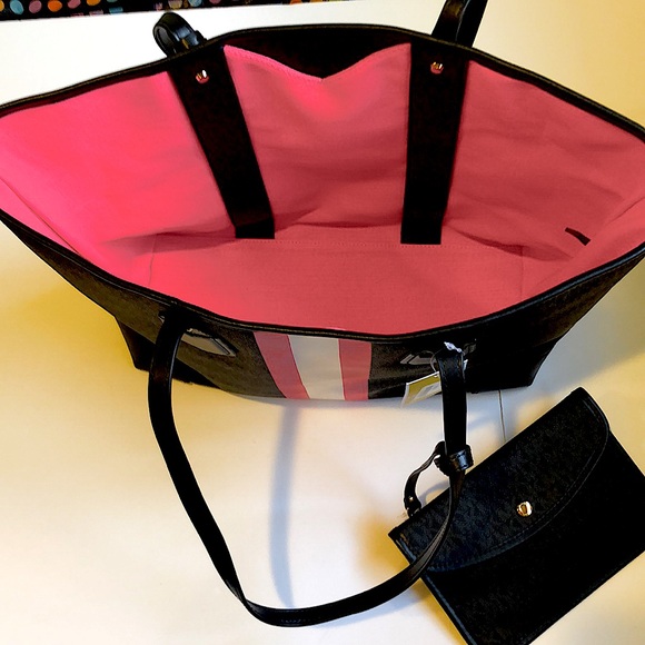NWT Michael Kors LG. Black Coated Canvas  Eva Tote Bag with Pink/White Stripes - Picture 4 of 8